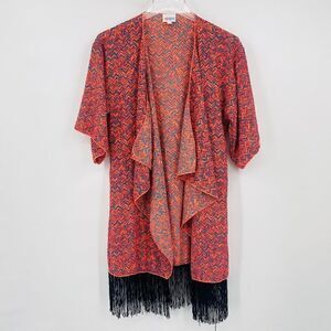 Lularoe Size Small Hot Pink & Blue Chevron Print Fringe Monroe Kimono Coverup